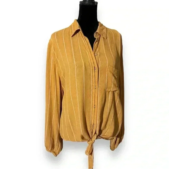 American Eagle Med Mustard Yellow Loose Fit Long Sleeve Button Front Tie Shirt - Picture 1 of 16